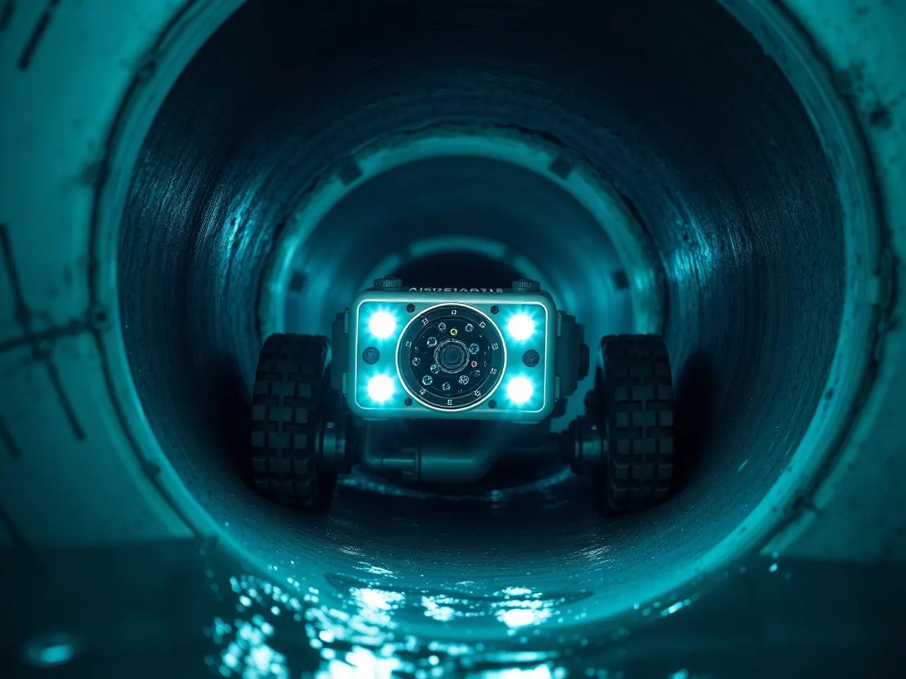 Illustrative sewer CCTV crawler camera inside a pipe