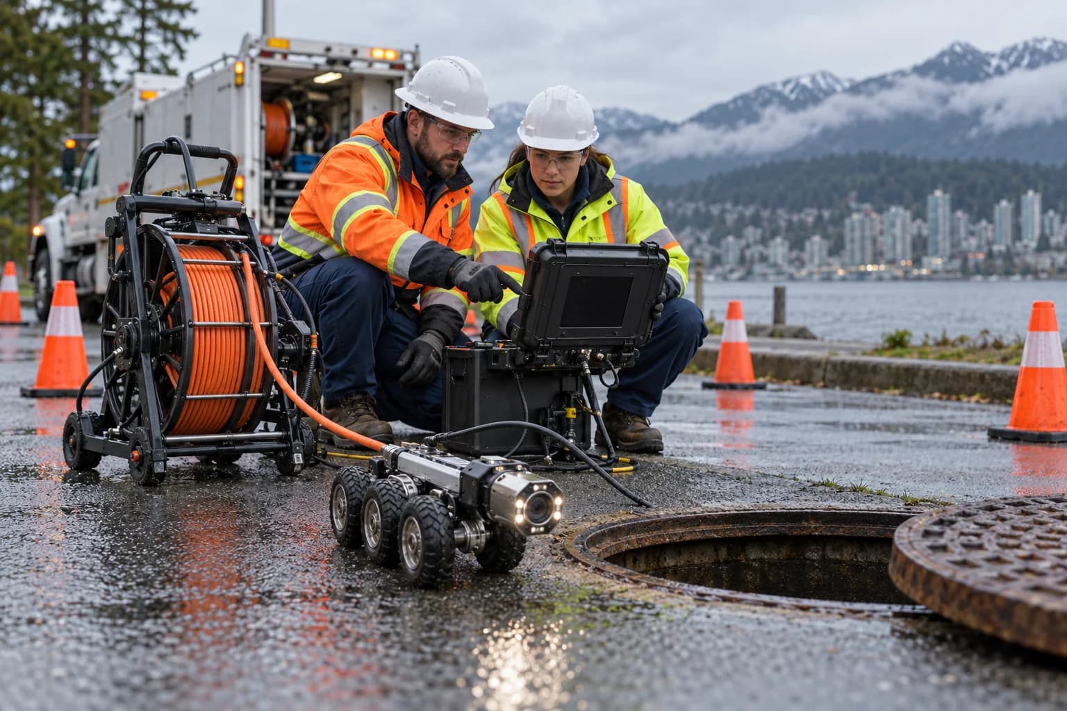 Illustrative crew setting up sewer inspection equipment at a manhole