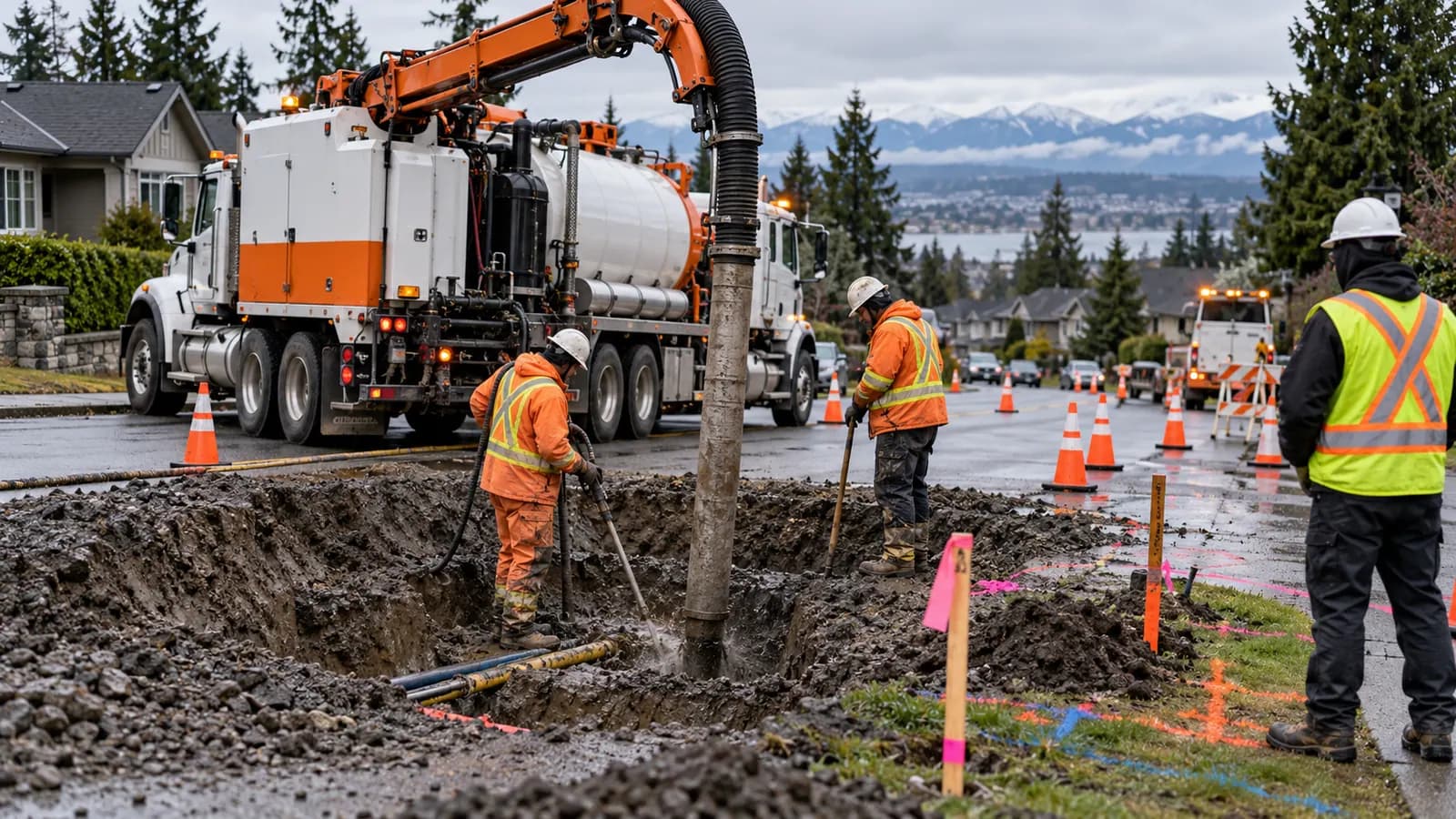 Illustrative hydrovac excavation setup at a utility worksite