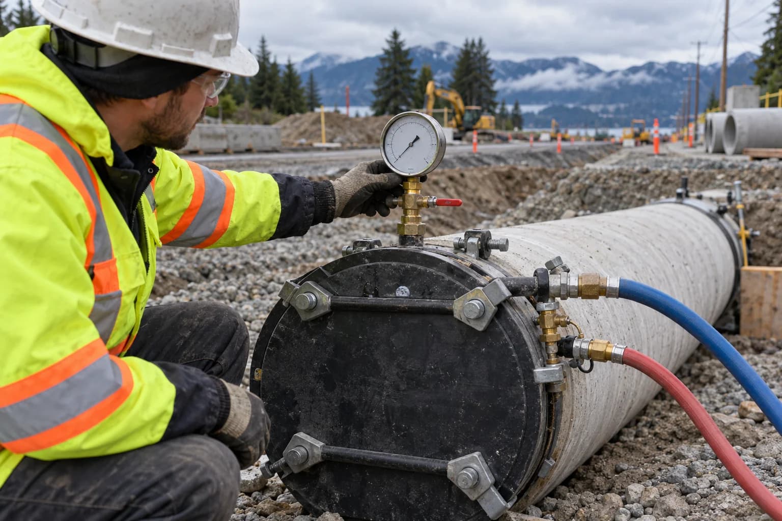 Illustrative pipeline pressure test gauge and connections