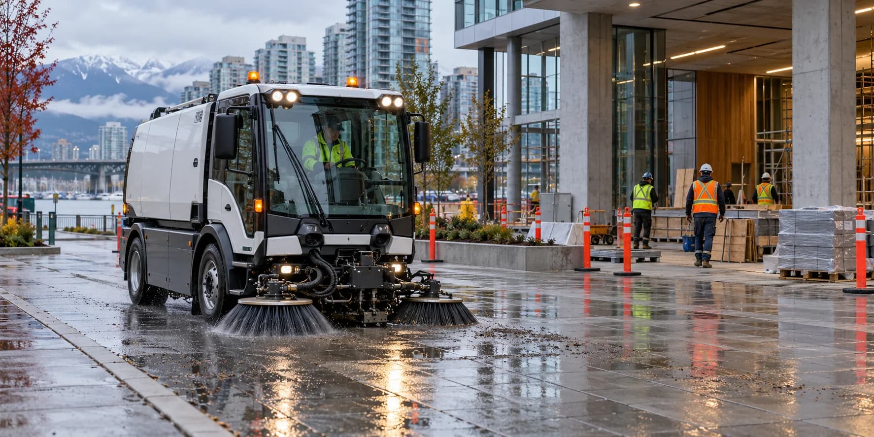 Illustrative street sweeper at a commercial construction entrance