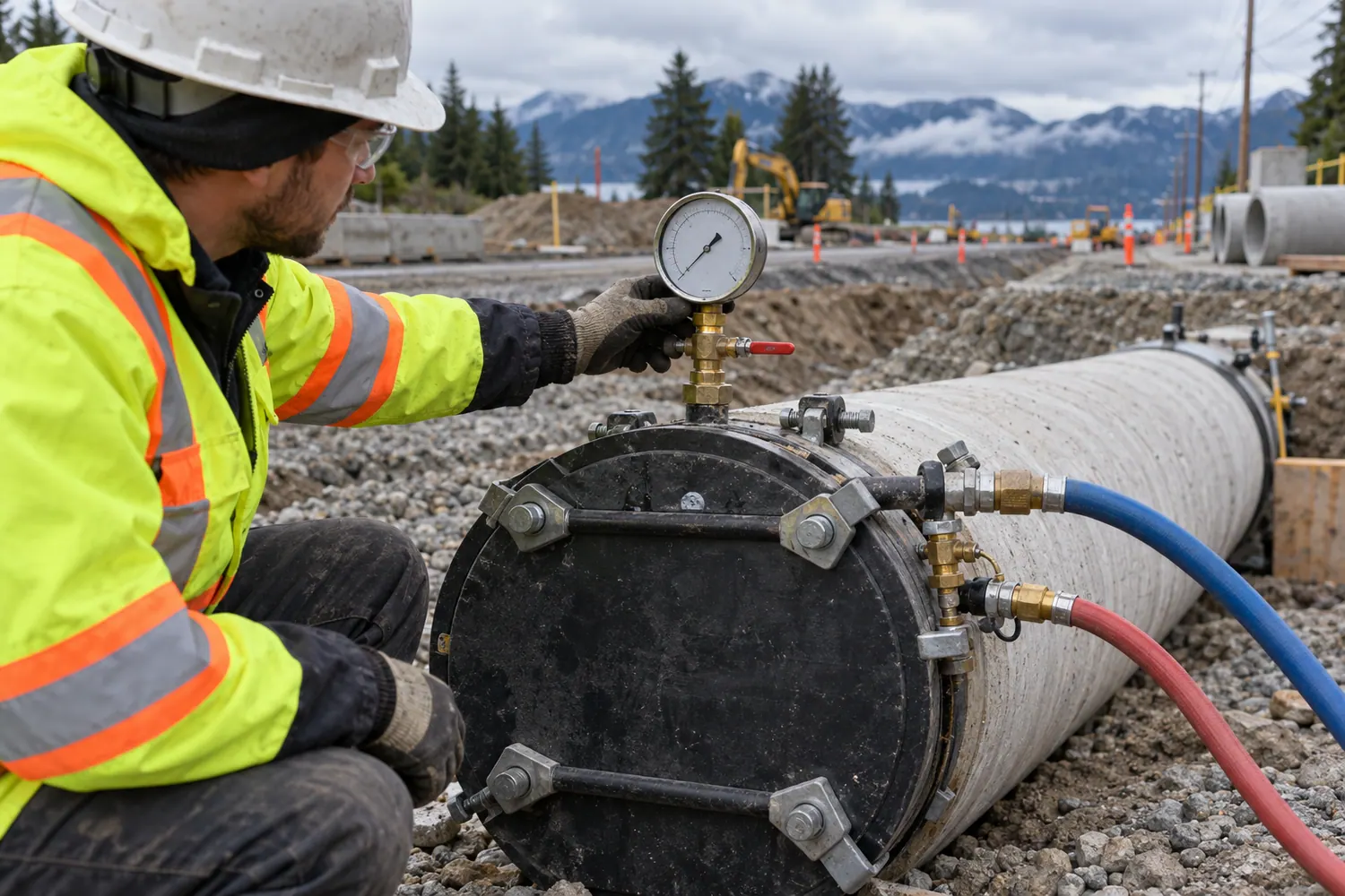 Illustrative pipeline pressure test gauge and temporary test connections